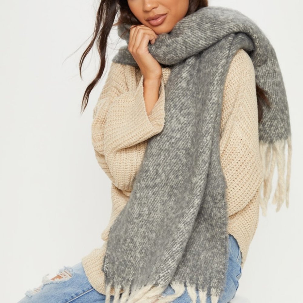 Oversized Cozy Gray Striped Blanket Scarf